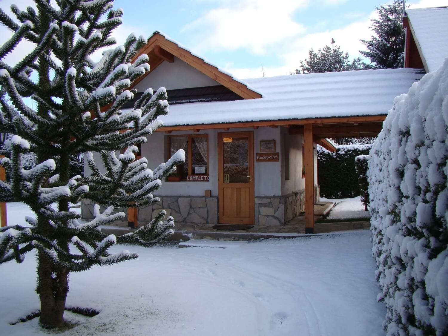 Entrada de la recepción de Cabañas Denise, con una araucaria y nieve