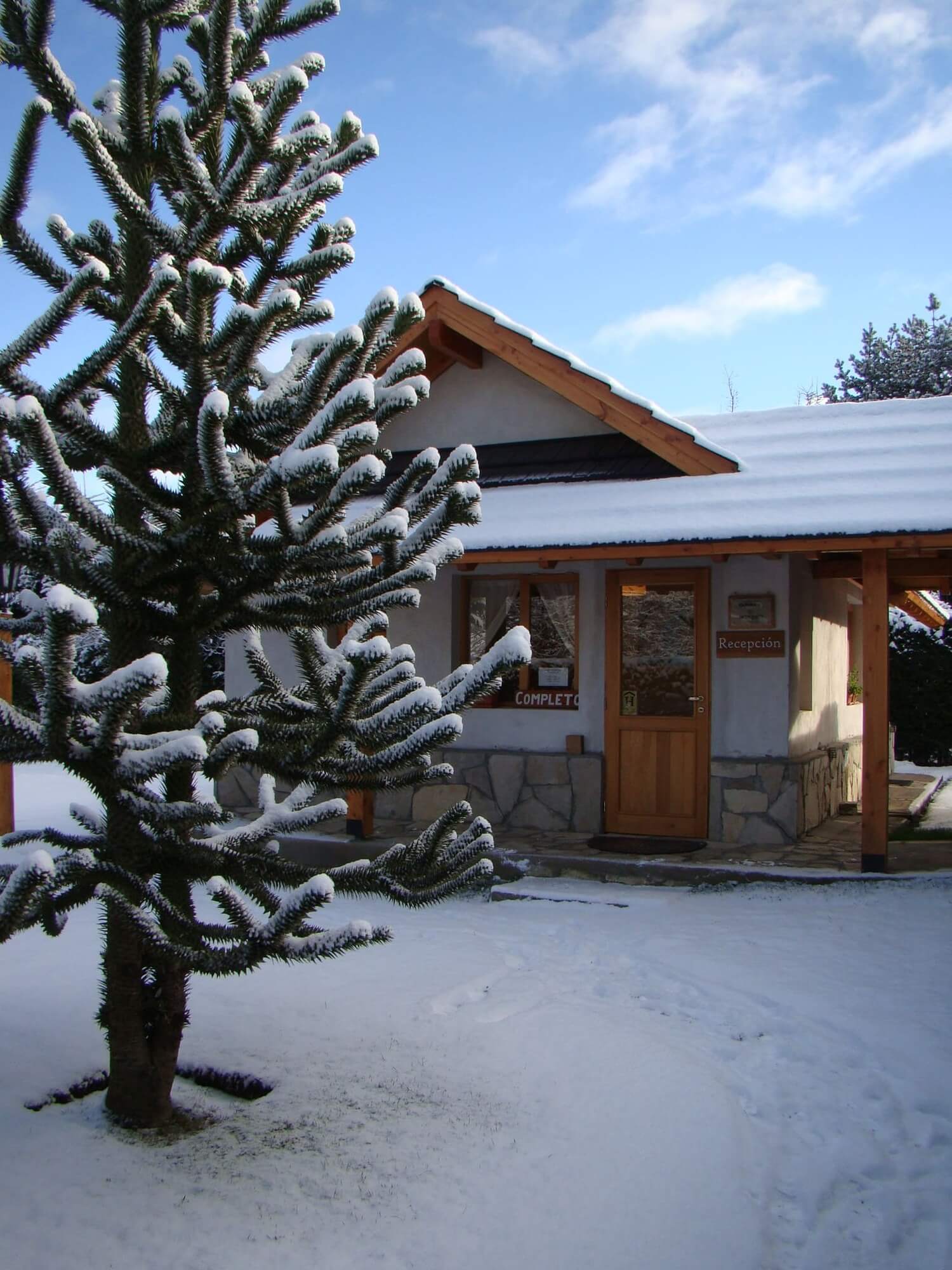 Entrada a la recepción de Cabañas Denise con nieve